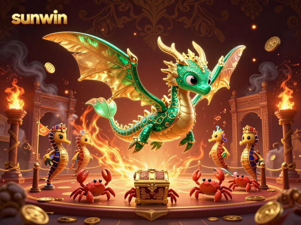 Win big with the luxurious sunwin-themed casino illustration featuring a majestic dragon and treasure.