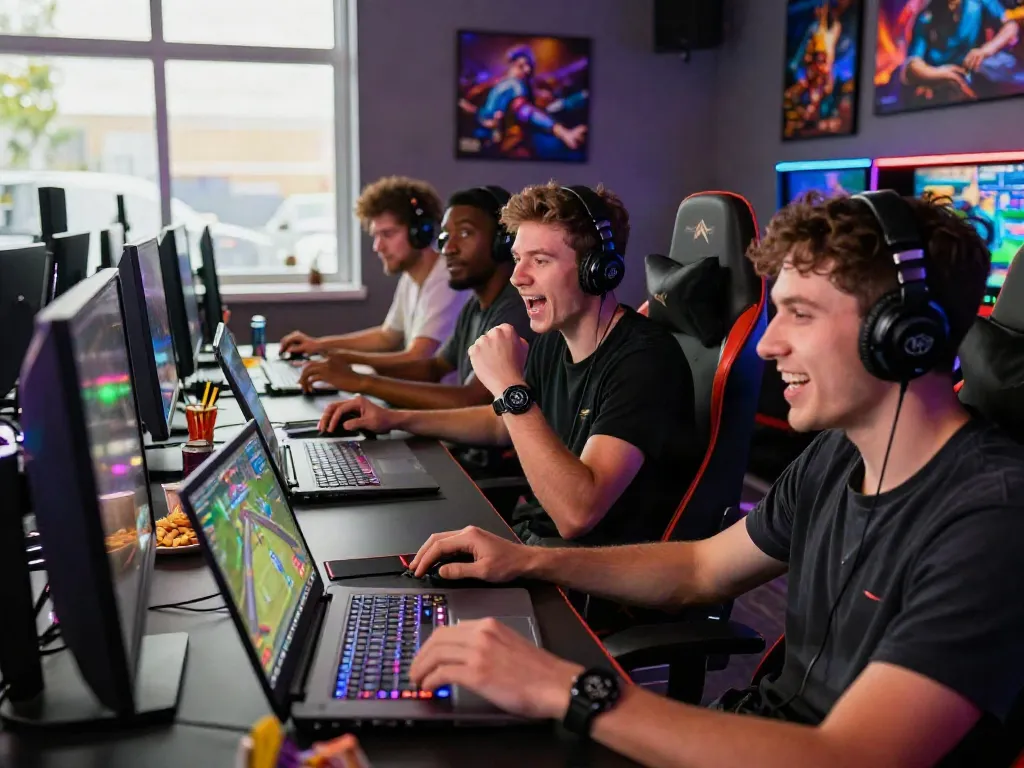 Group of gamers at a non Gamstop UK casino enjoying an engaging online gaming session with excitement and strategy.