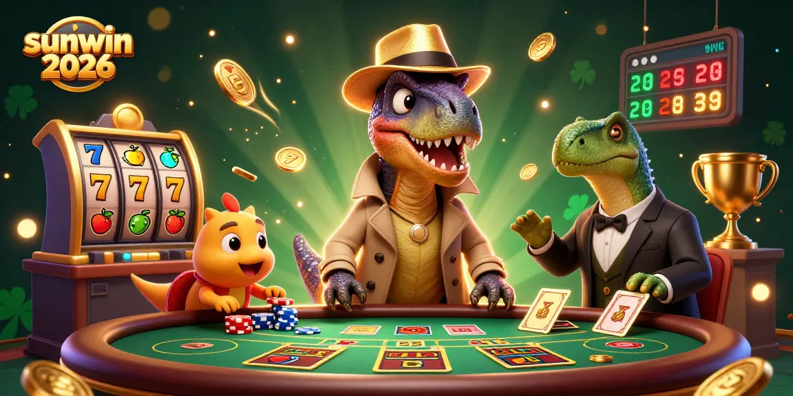 Experience thrilling gaming adventures at Sunwin 2026 with cartoon velociraptor card counter amid a vibrant casino scene.