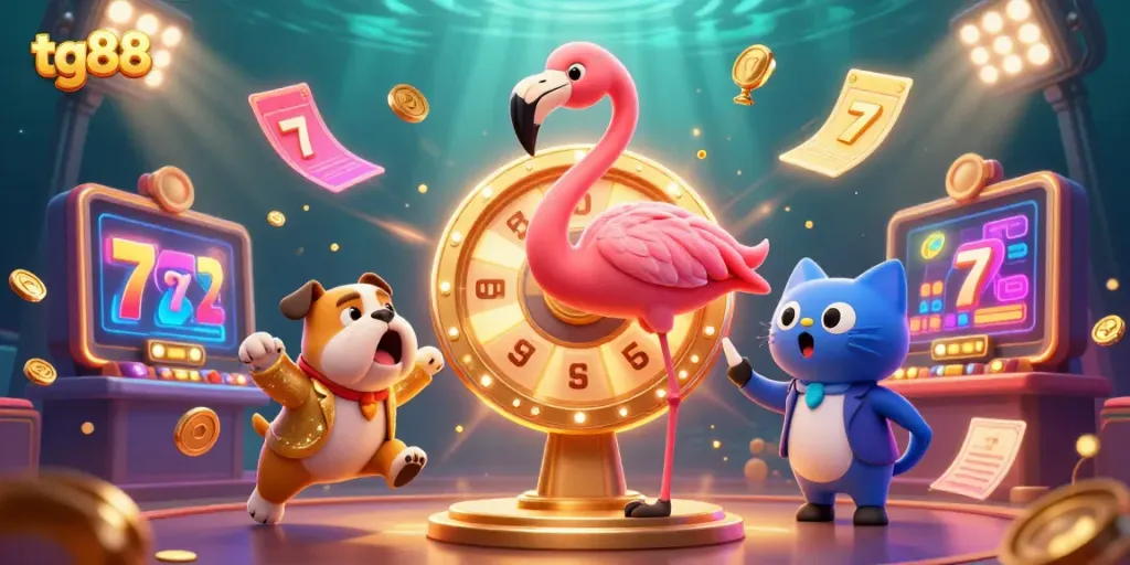 Spin the giant prize wheel with tg88 in a vibrant casino scene featuring cartoon characters and dynamic elements.