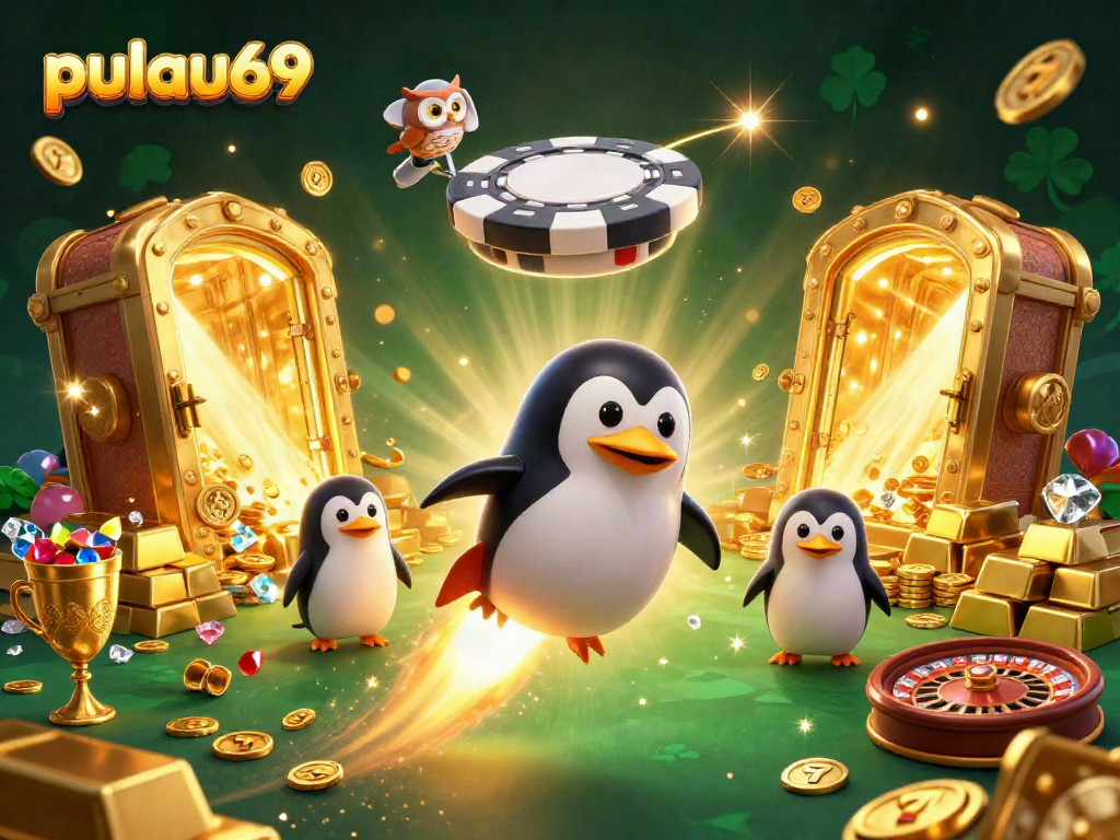 Experience thrilling wins at pulau69 with a golden penguin and dazzling casino elements.