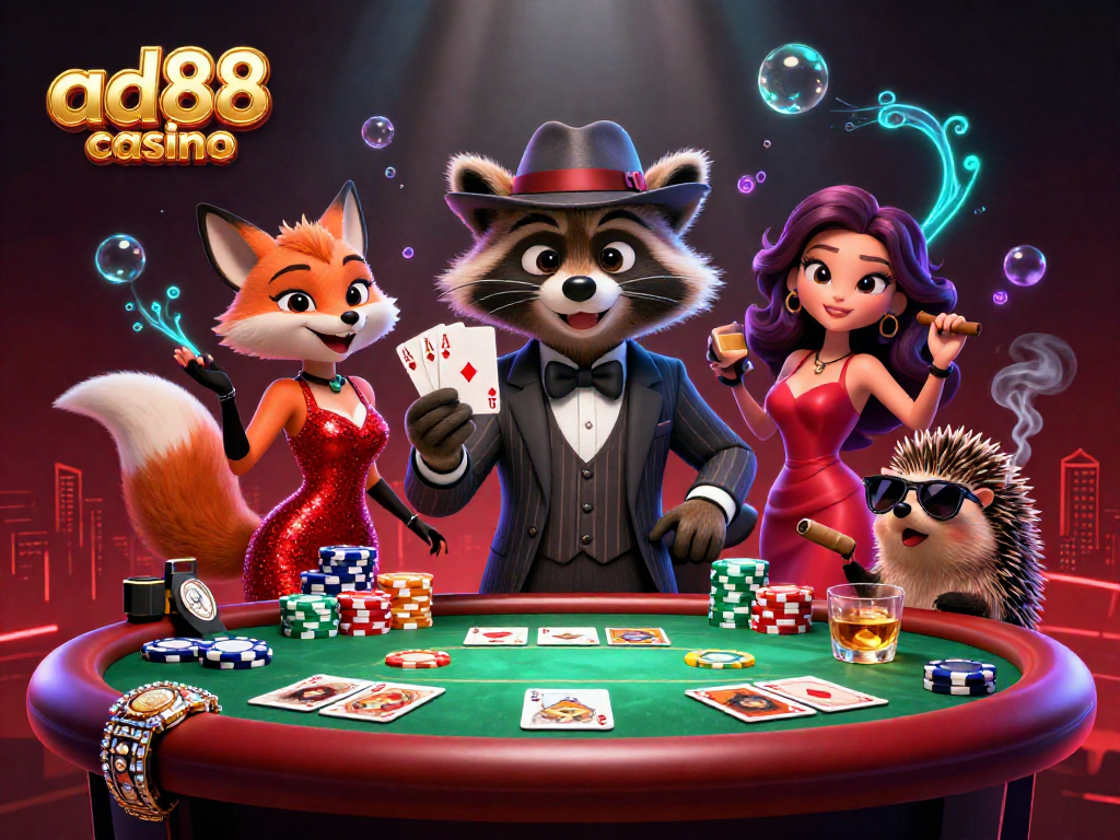 Join the action at ad88 casino with a raccoon, fox, and hedgehog at a poker table.