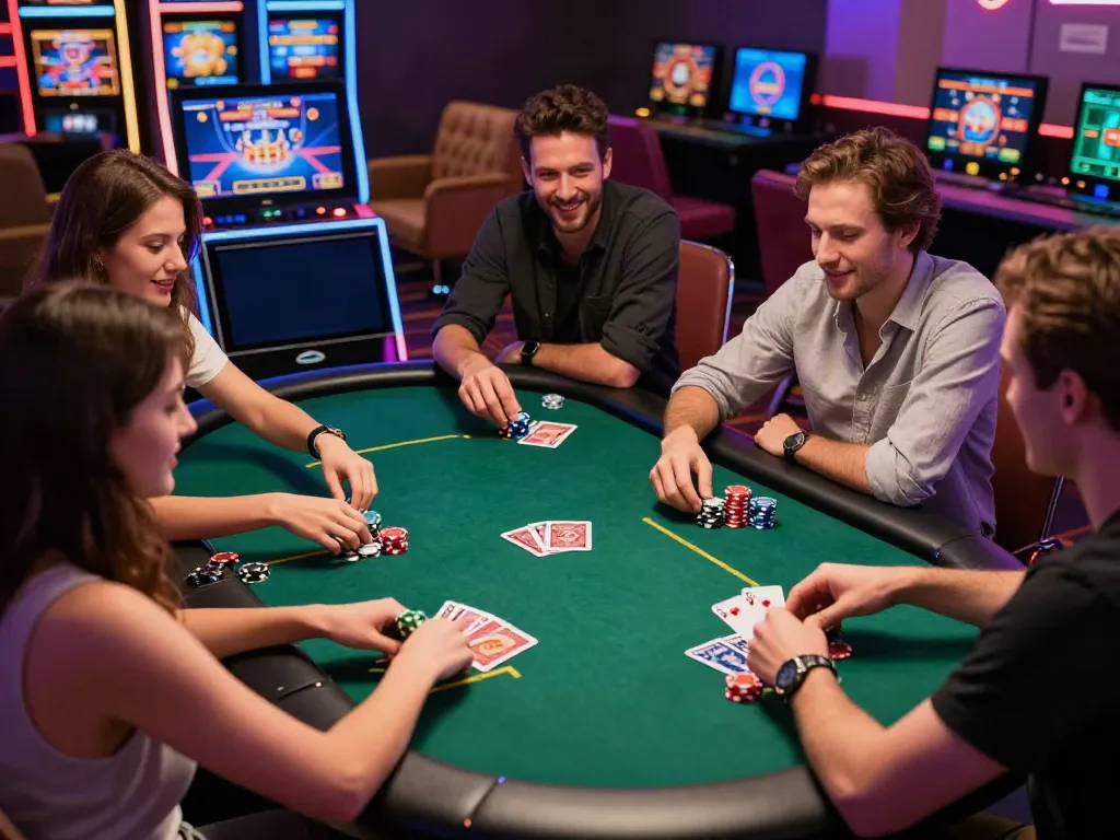 Exciting non Gamstop UK casino atmosphere with friends playing poker