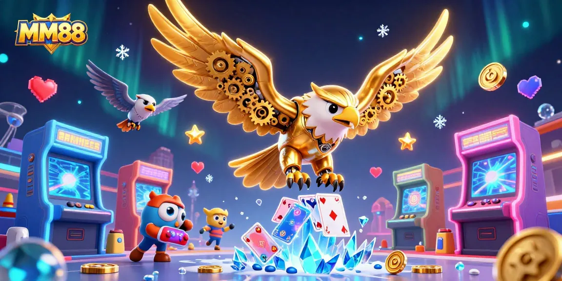 Experience the thrill with MM88 as a cybernetic eagle navigates a vibrant gaming landscape.