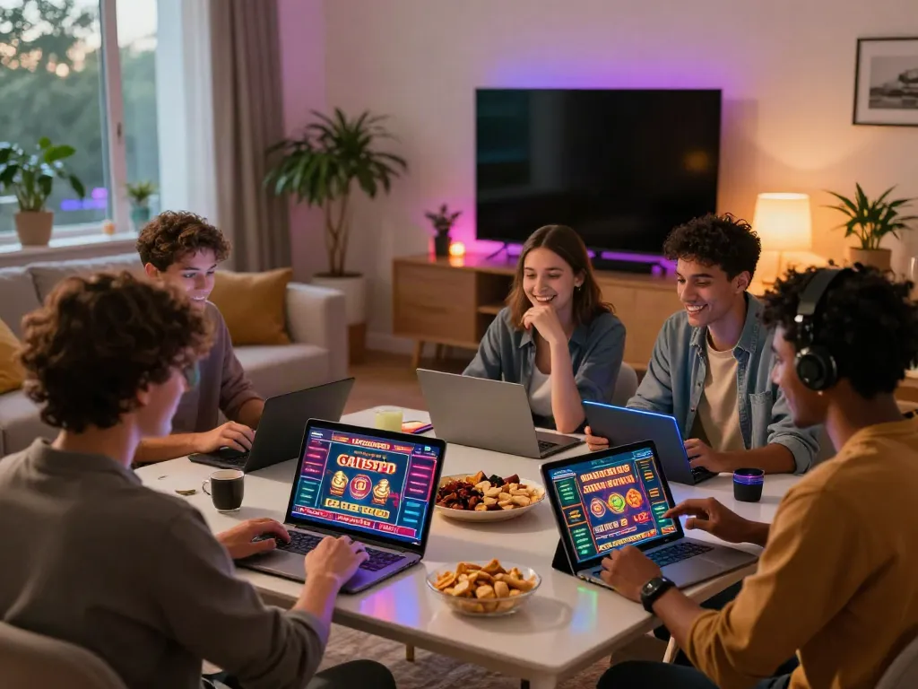 Group of friends enjoying non gamstop uk casino games in a lively living room.