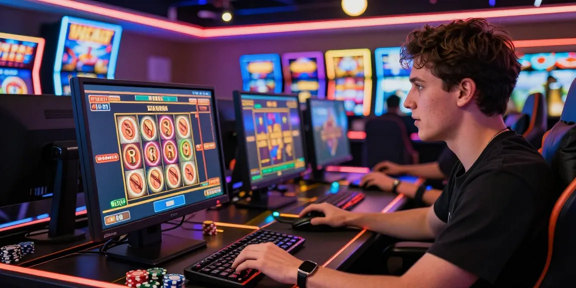 Excited player engaging with slot games on a colorful online casino interface.