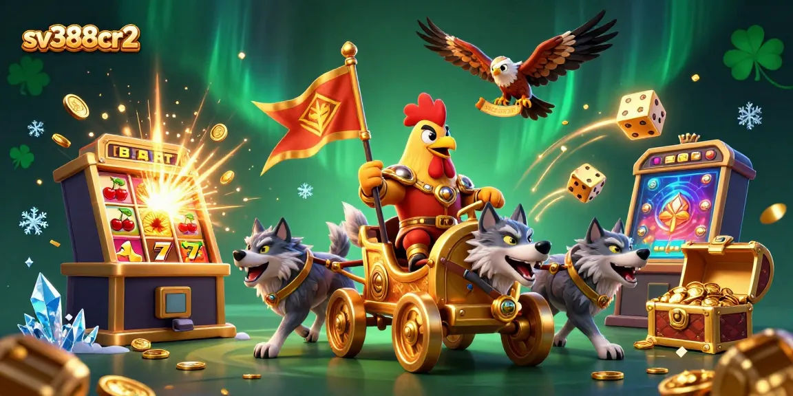 Witness the thrilling sv388cr2 cockfighting scene with a warrior rooster, golden chariot, and jackpot bursts.
