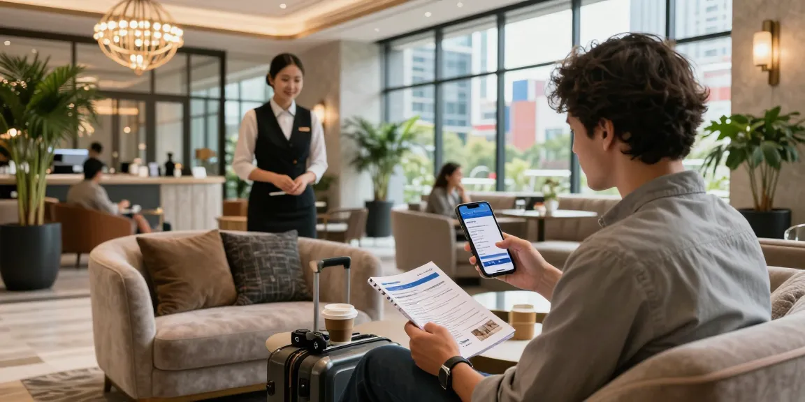 Traveler booking a hotel through https://rokok88.com in a stylish lobby with modern decor.