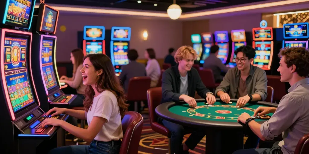 Exciting evening at a non gamstop uk casino with players enjoying games, vibrant lights, and engaging atmosphere.