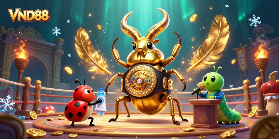 VND88 showcases an epic gambling showdown featuring a golden stag beetle and vibrant casino elements.