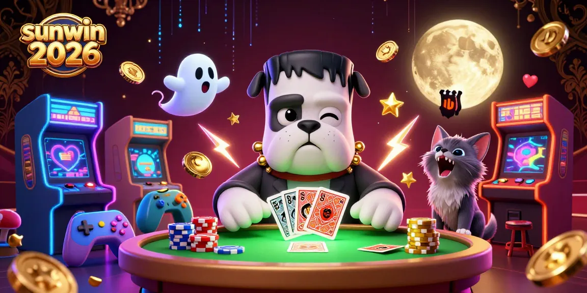 Experience high-stakes gaming action with the sunwin 2026, featuring a fantastical scene of a bulldog monster dealing cards.