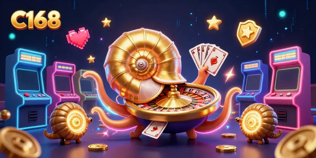 C168 nautilus character holding cards surrounded by vibrant casino arcade games and glowing elements