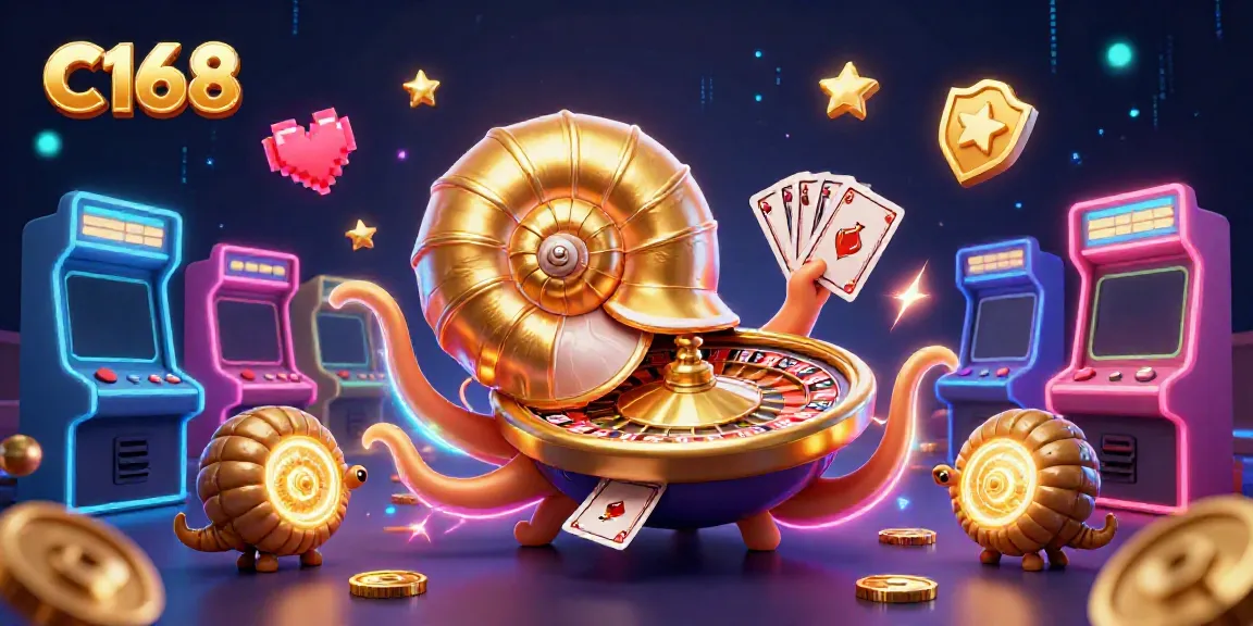 C168 nautilus character holding cards surrounded by vibrant casino arcade games and glowing elements