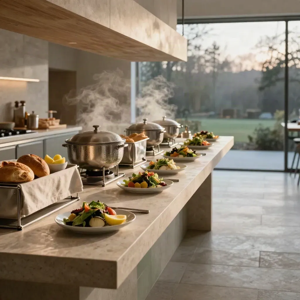 Steam rises from a sleek servery with bowls, salad rails, soup tureens and bread station.