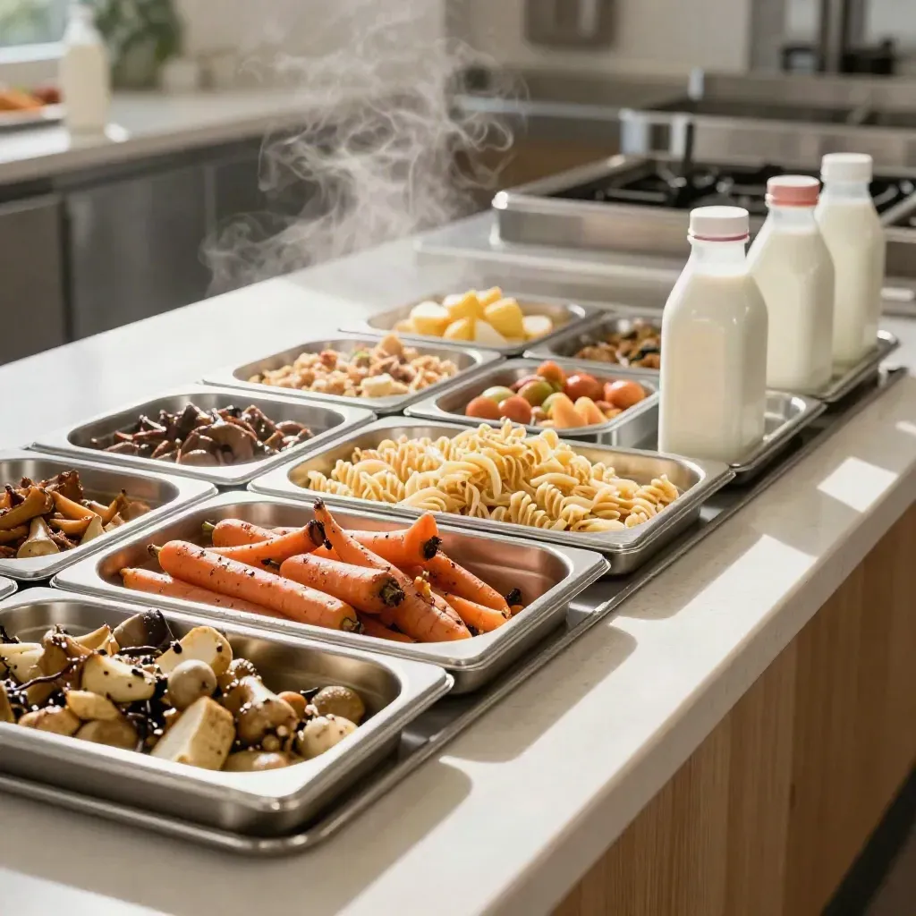 School lunch trays with roast vegetables, pasta, fruit pots and milk bottles on a bright serving pass.