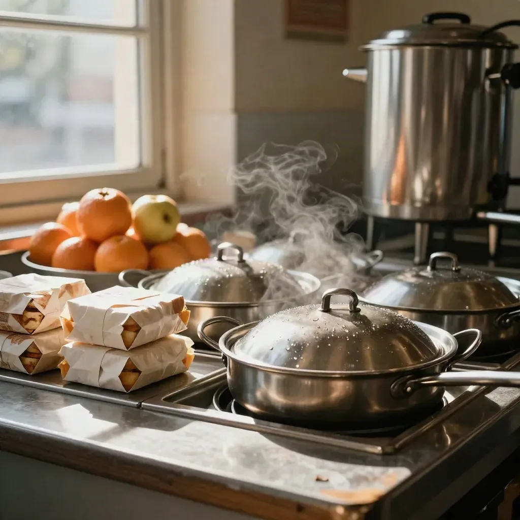 Steam over a canteen hot counter with covered pans, packed lunches, fruit and a coffee urn.