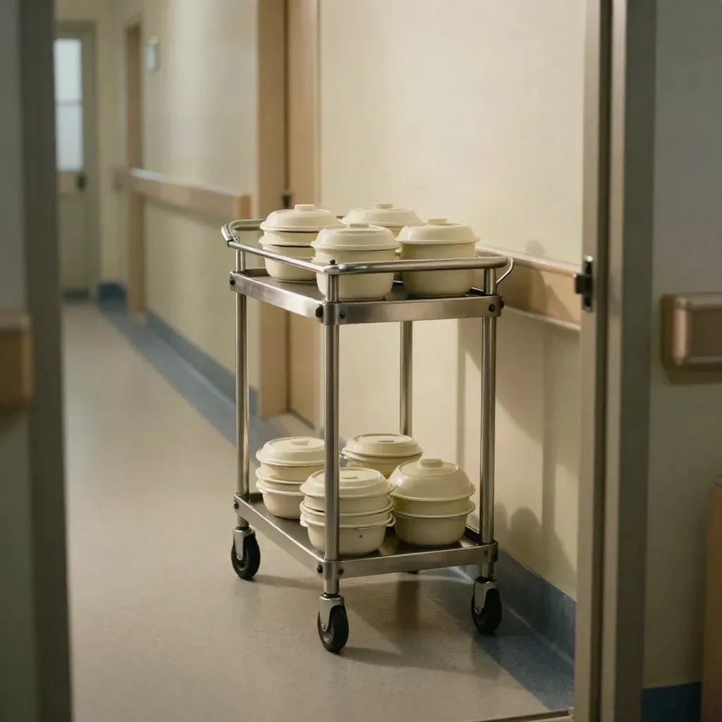 Hospital meal trolley with insulated carriers paused in a quiet ward corridor by the lift.
