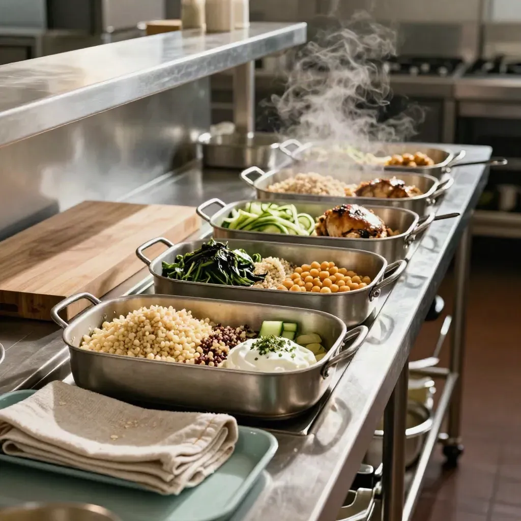 Stainless meal-prep pans of grains, greens and proteins in a warm kitchen line with teal accents.