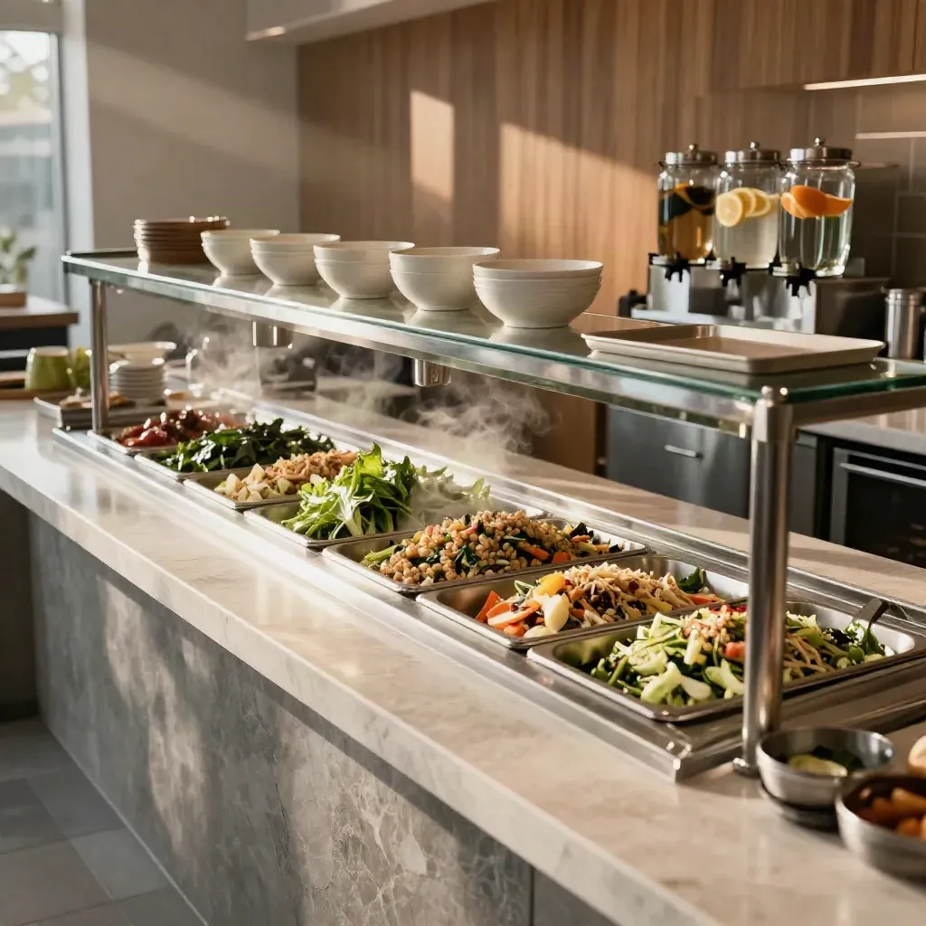 Stocked office lunch servery with salads, hot wells and drinks station in warm late-afternoon light