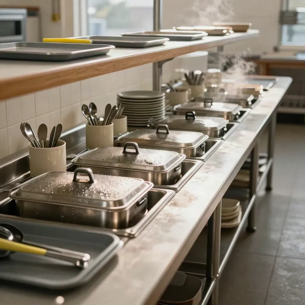 School servery with covered hot pans, trays and steam in a bright canteen.