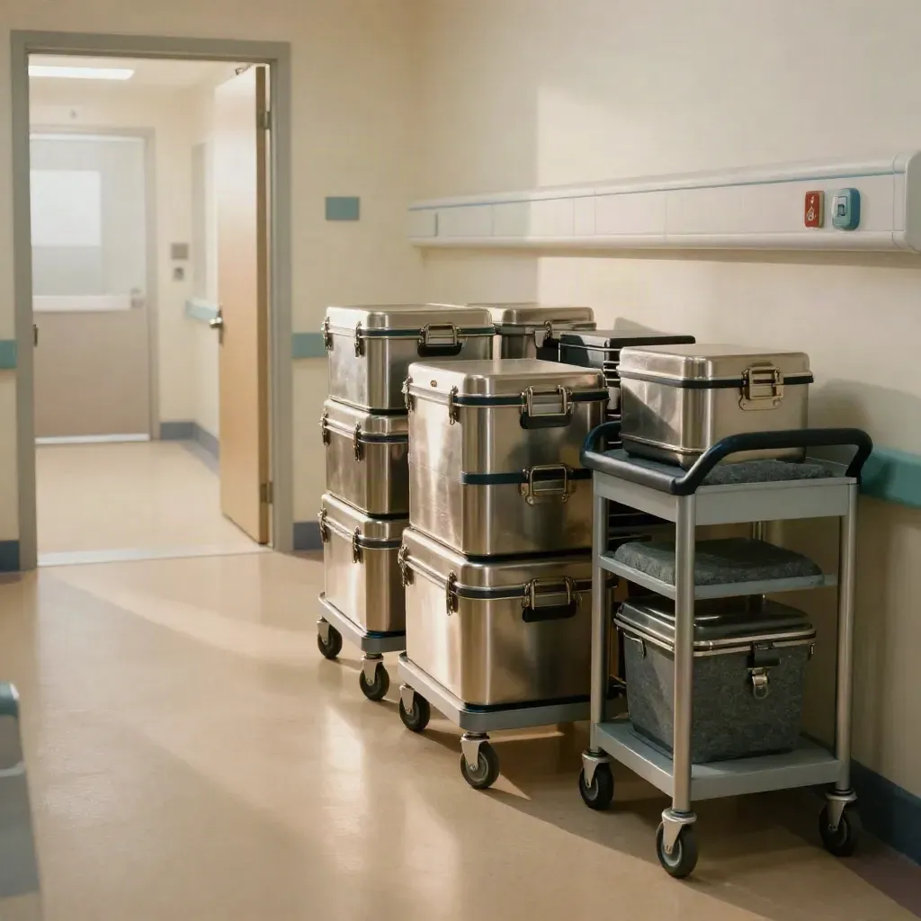 Empty hospital corridor with meal trolleys staged by a lift for ward deliveries.