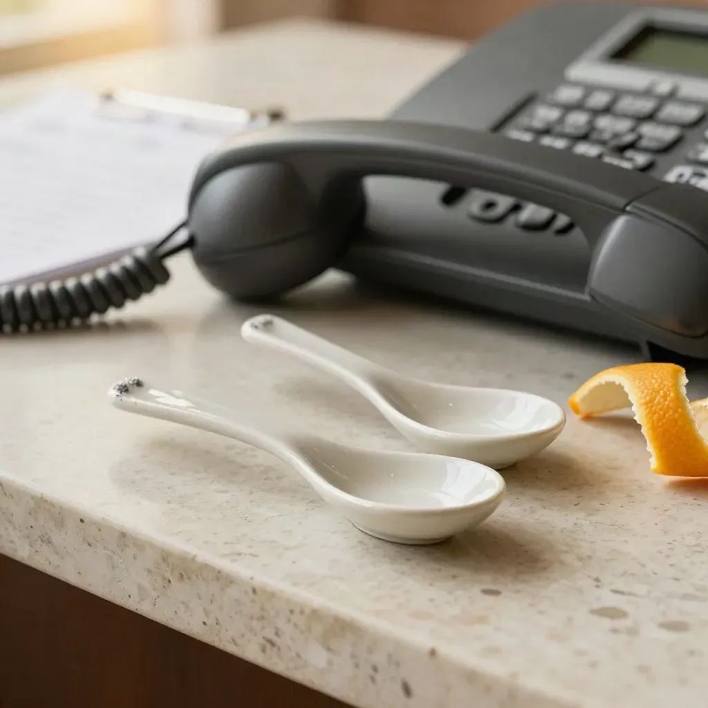 Macro still life of tasting spoons, a phone handset and a closed sample binder on travertine.