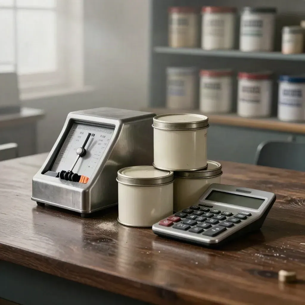 Sample tins, tally counter and calculator on a walnut worktop lit dramatically.
