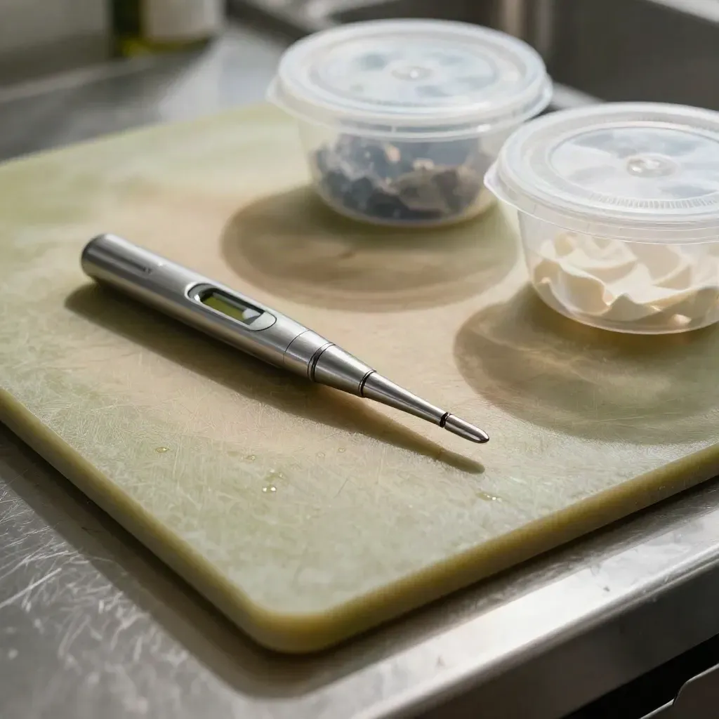 Probe thermometer with sealed sample pots on textured colour-coded chopping boards