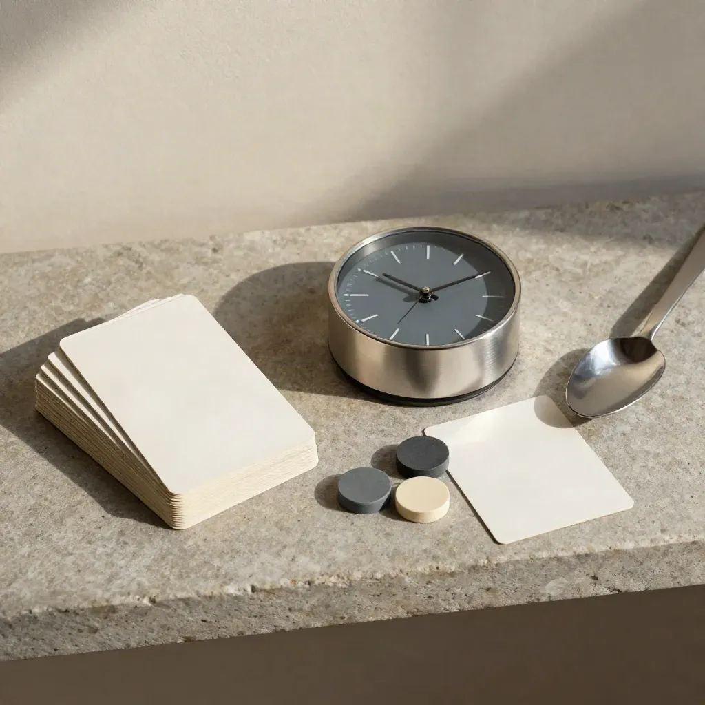 Face-down brief cards, a slate clock, colour tokens and portion scoop on a stone shelf.