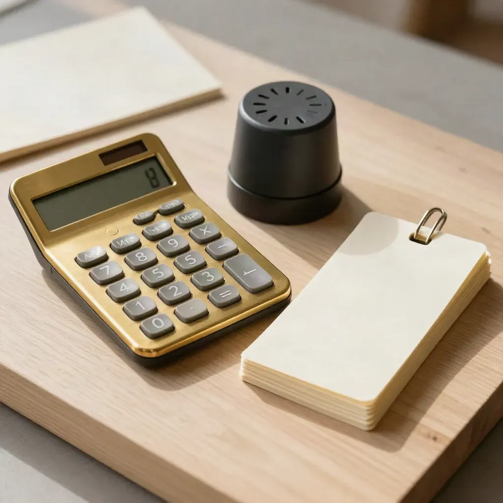 Brass calculator and timer beside blank cream tabs on pale wood