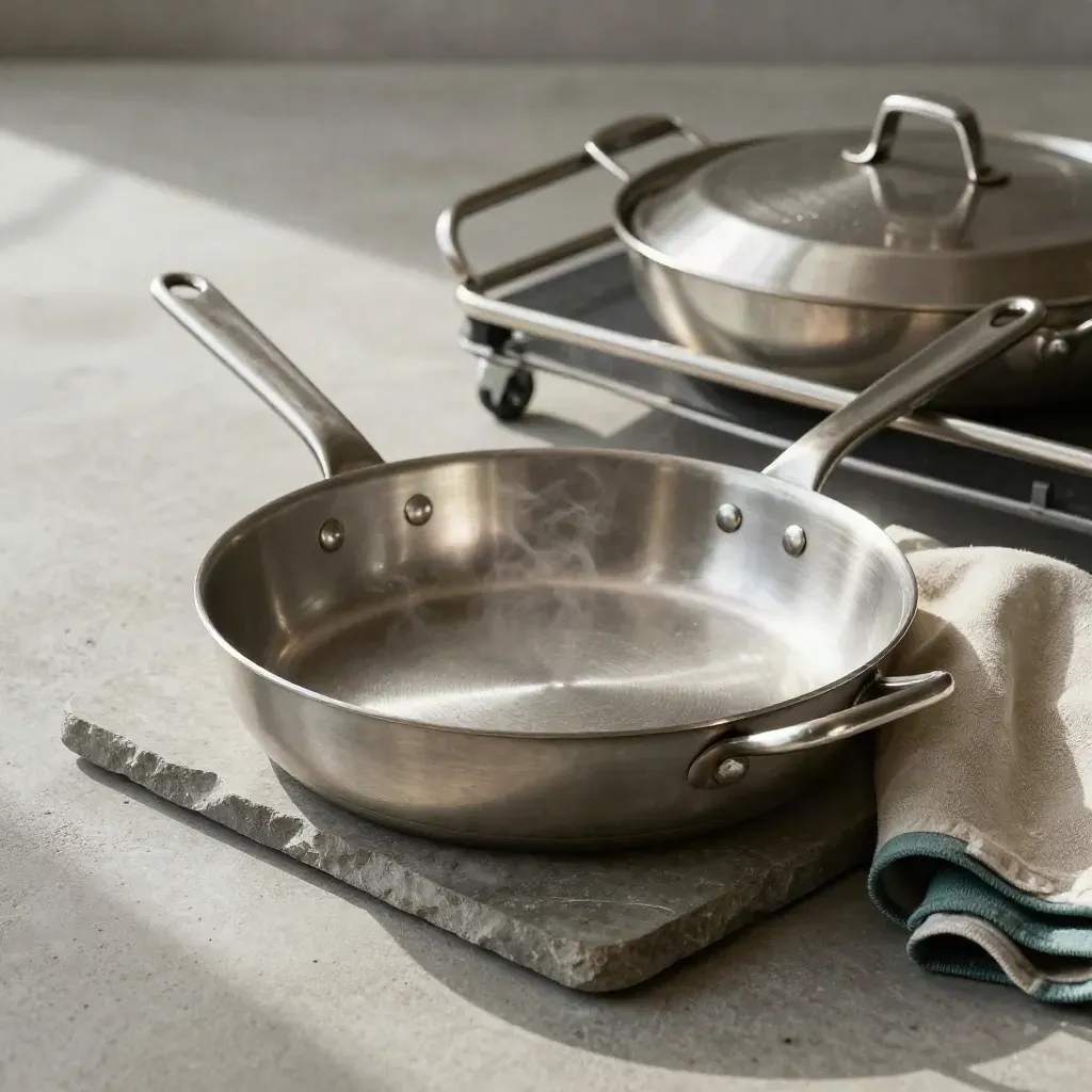 Hot-hold pans and a service trolley edge on stone with folded linen, lit in soft daylight.