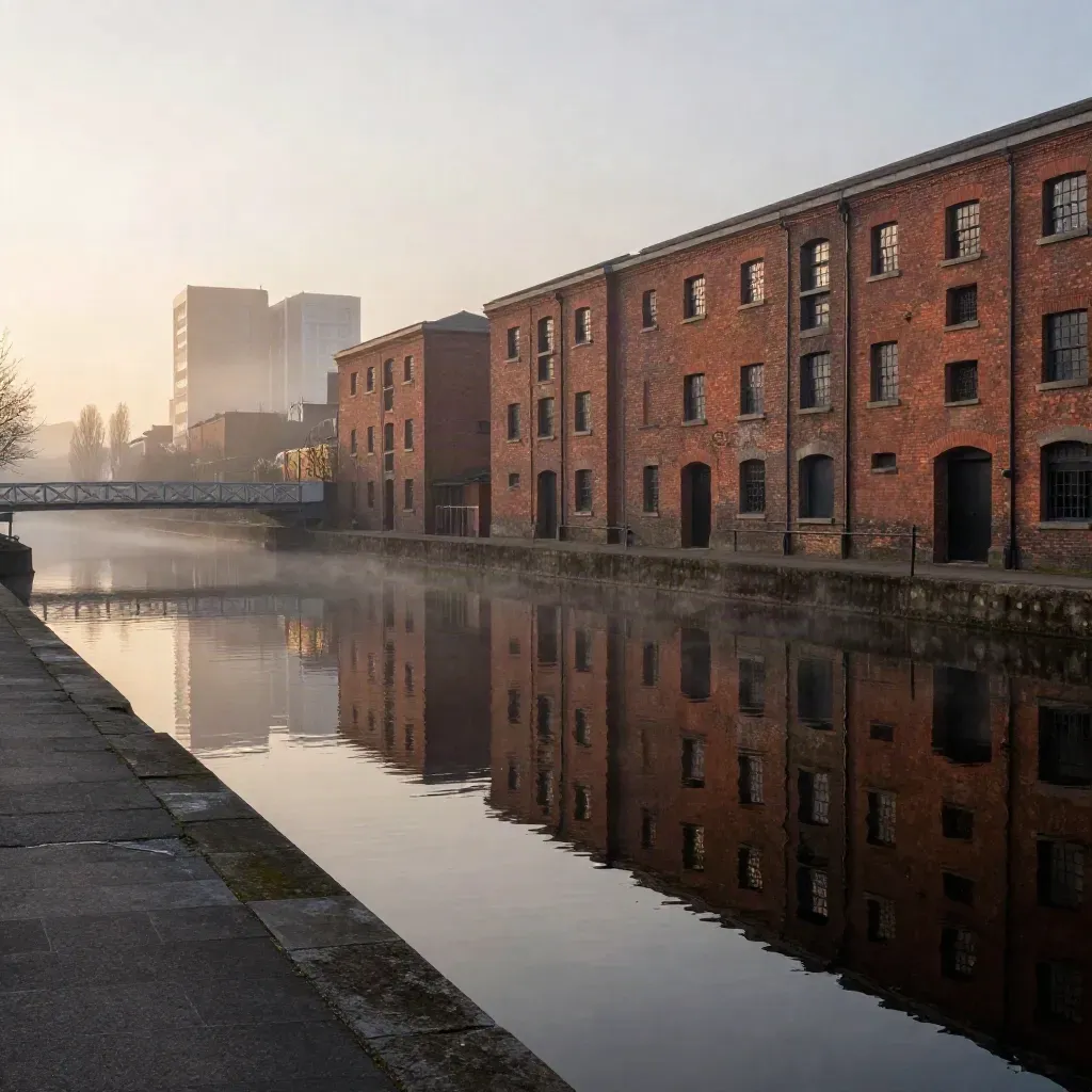 Hazy Birmingham canal with red-brick warehouses and modern towers above calm water.