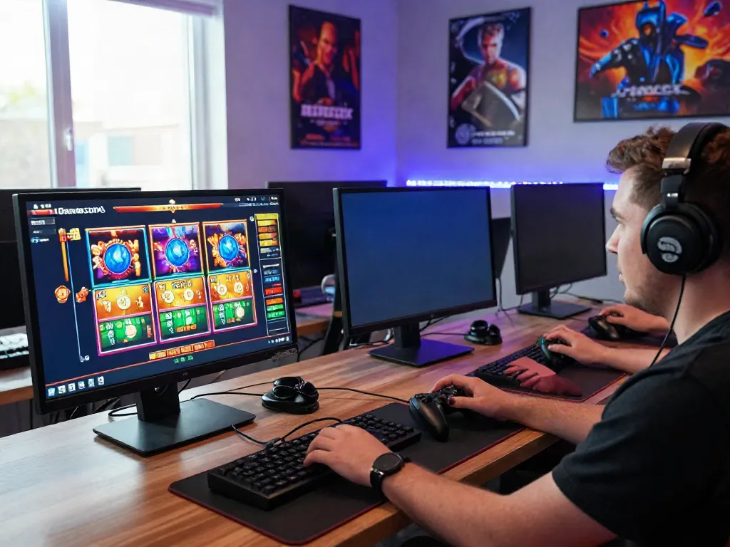 Exciting scene of a player enjoying a non Gamstop UK casino game at home with vibrant visuals on screen.