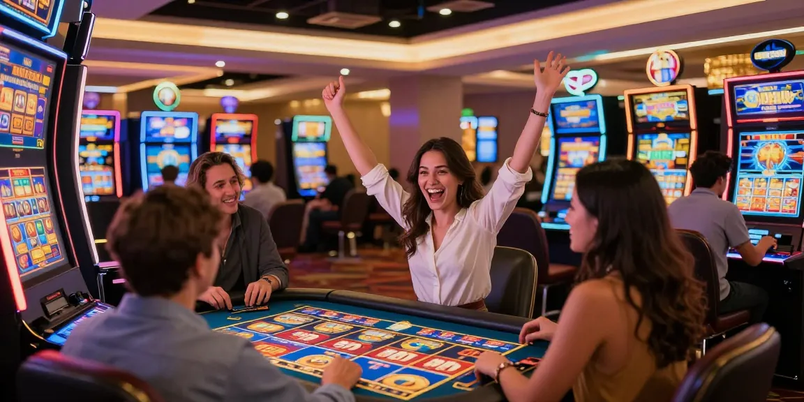 Excited players celebrating at a non gamstop UK casino atmosphere with vibrant games.