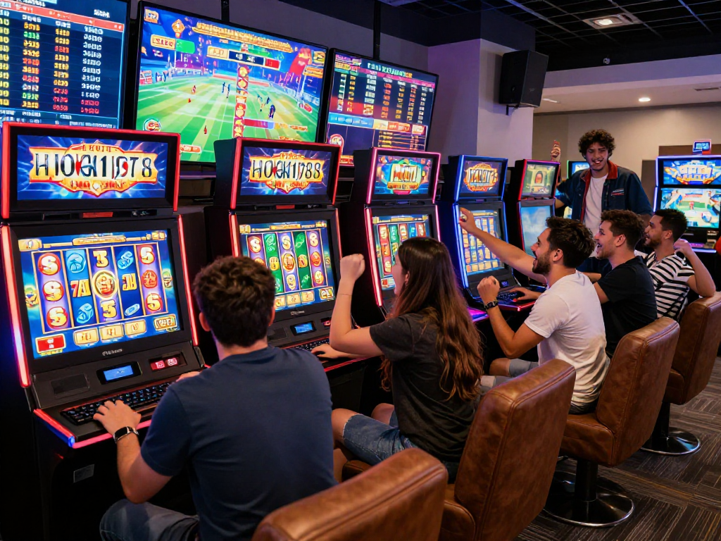 Exciting gameplay at HOKI178, showcasing vibrant slot machines and joyful players.