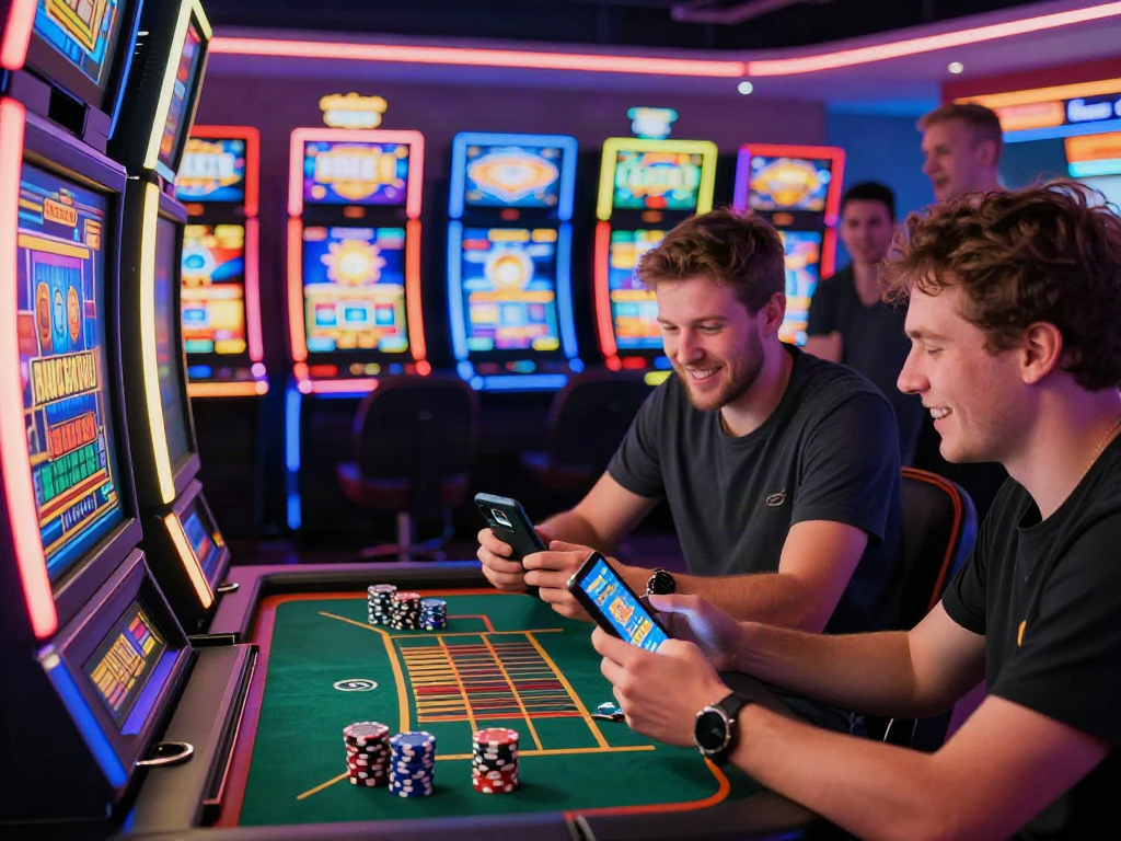 Players enjoying games at a non Gamstop UK casino with vibrant casino lights.