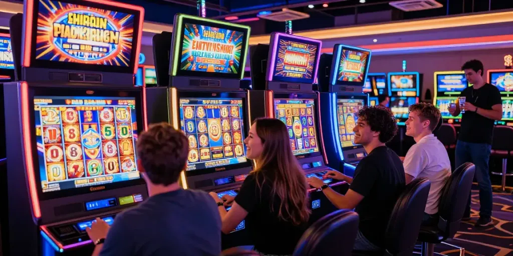 Exciting casino scene showcasing players winning at slot machines with vibrant lights and atmosphere.