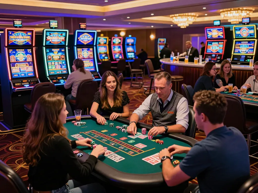 Exciting atmosphere at a non GamStop UK casino with patrons enjoying games and vibrant slot machines.