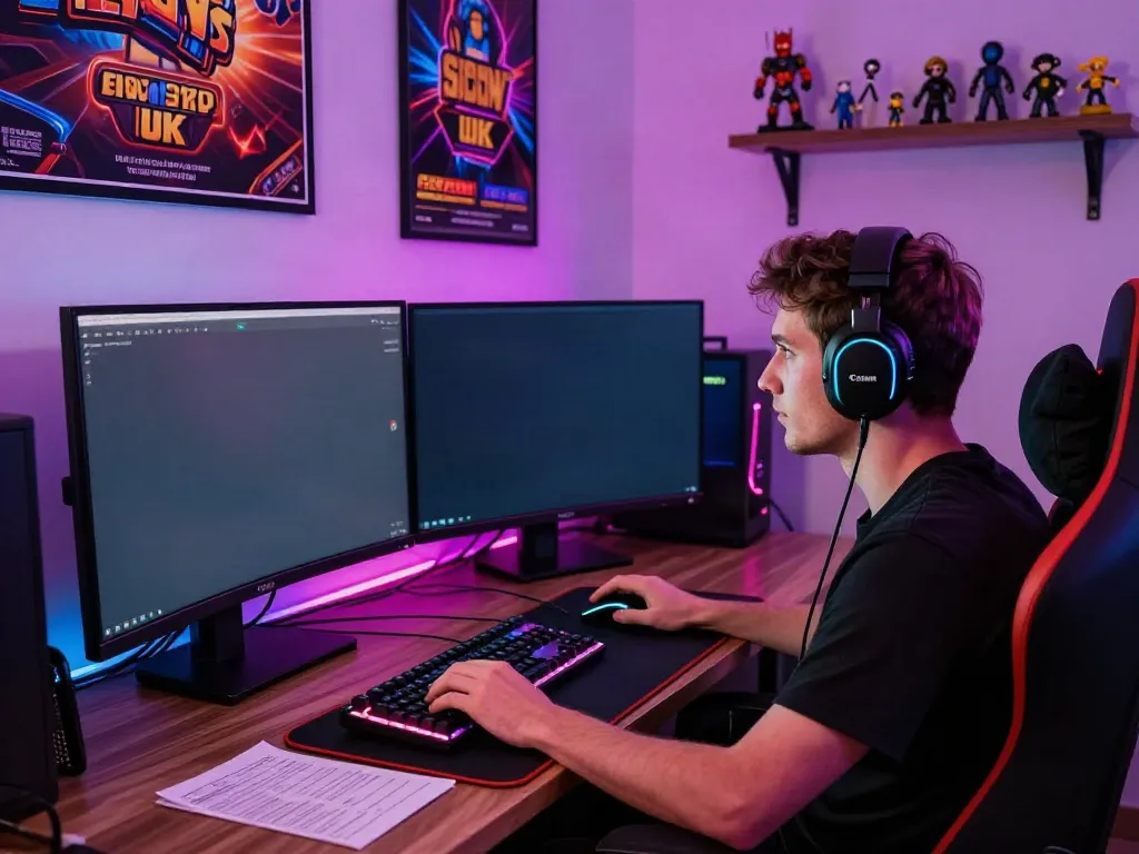 Engaging player enjoying a non Gamstop UK casino game at a modern home gaming setup.