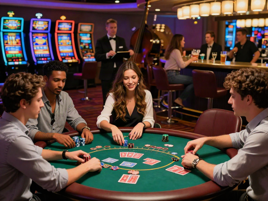 Exciting non GamStop UK casino gaming evening with friends at a lively poker table.
