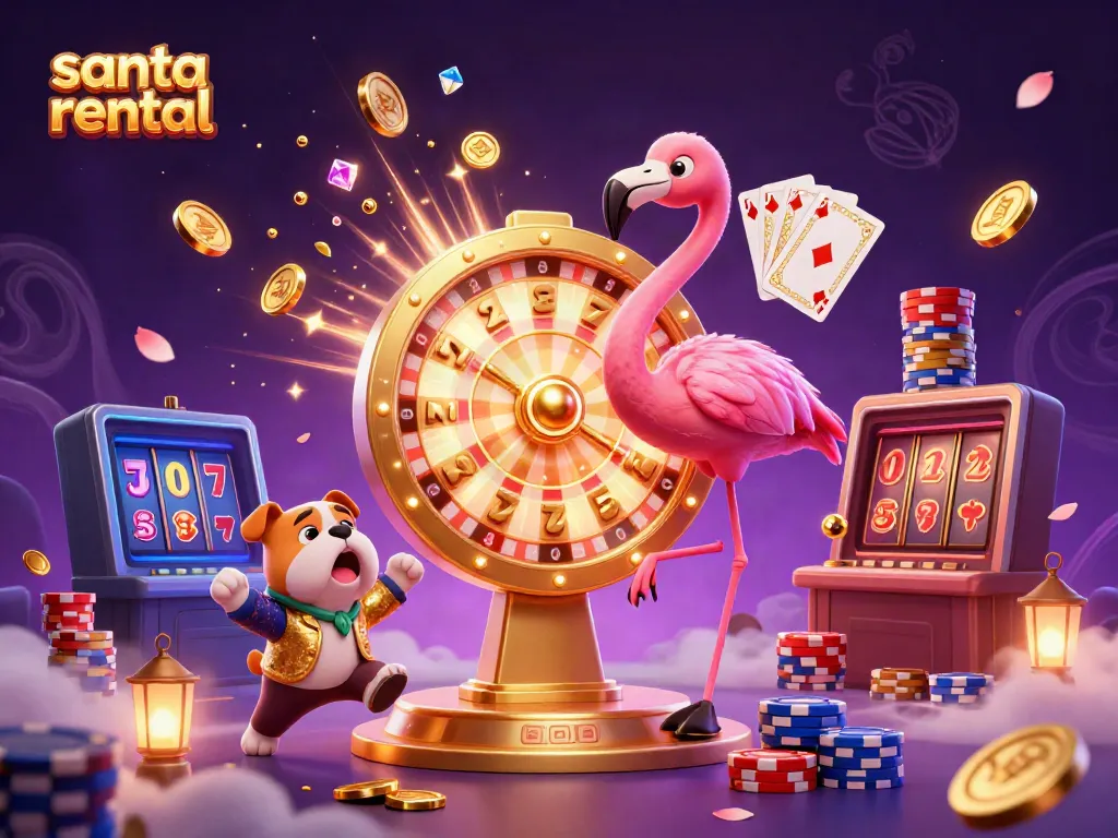 Engage with a vibrant scene of a santa rental game show featuring festive elements and dynamic casino-themed characters.