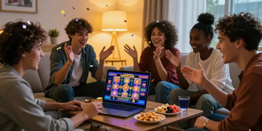 Diverse friends enjoying games at a non Gamstop UK casino in a cozy living room.