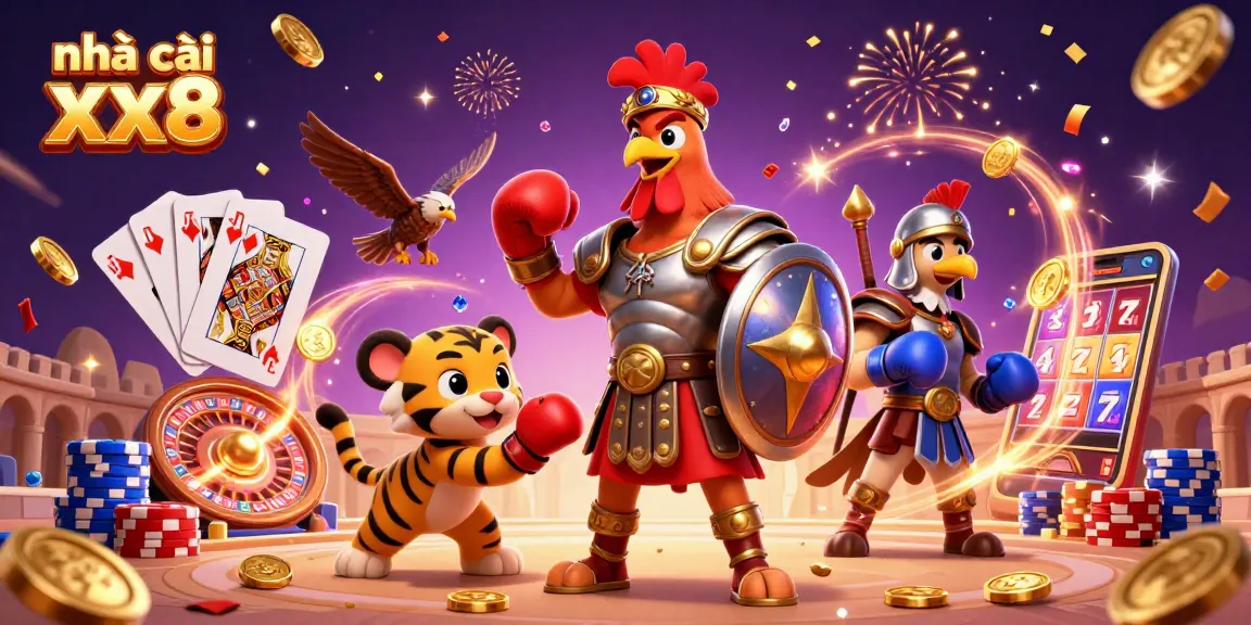 Experience excitement at nhà cái xx8 with a dynamic casino scene featuring festive characters and games.