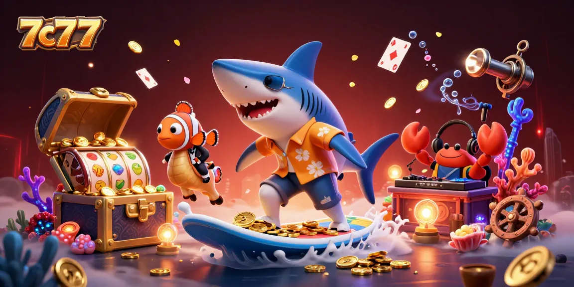 Experience the excitement of 7c777 with a shark surfer, slot reels, and vibrant coral scenery.