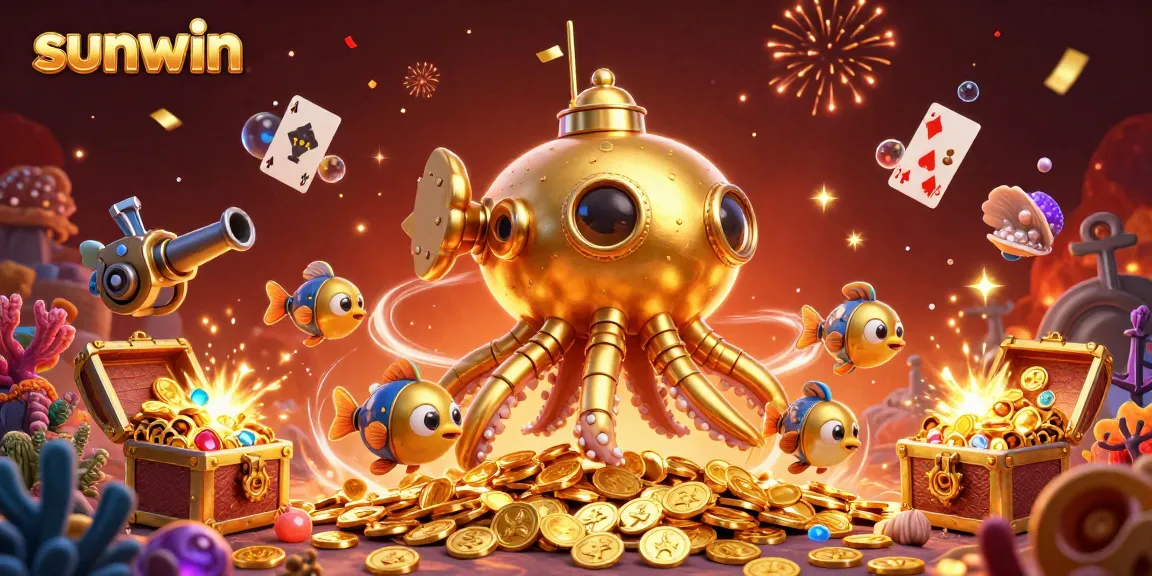 Experience the excitement of slots and games at sunwin with a vibrant 3D illustration of a golden kraken submarine.