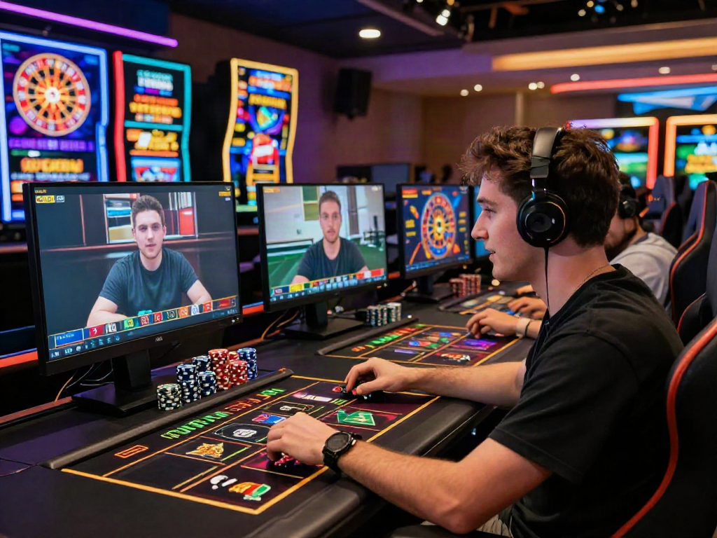Player engaging with non gamstop uk casino games on computer, vibrant and immersive atmosphere.