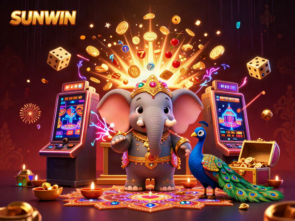 SUNWIN showcases thrilling jackpot excitement with a vibrant casino scene featuring an ornate elephant and peacock.