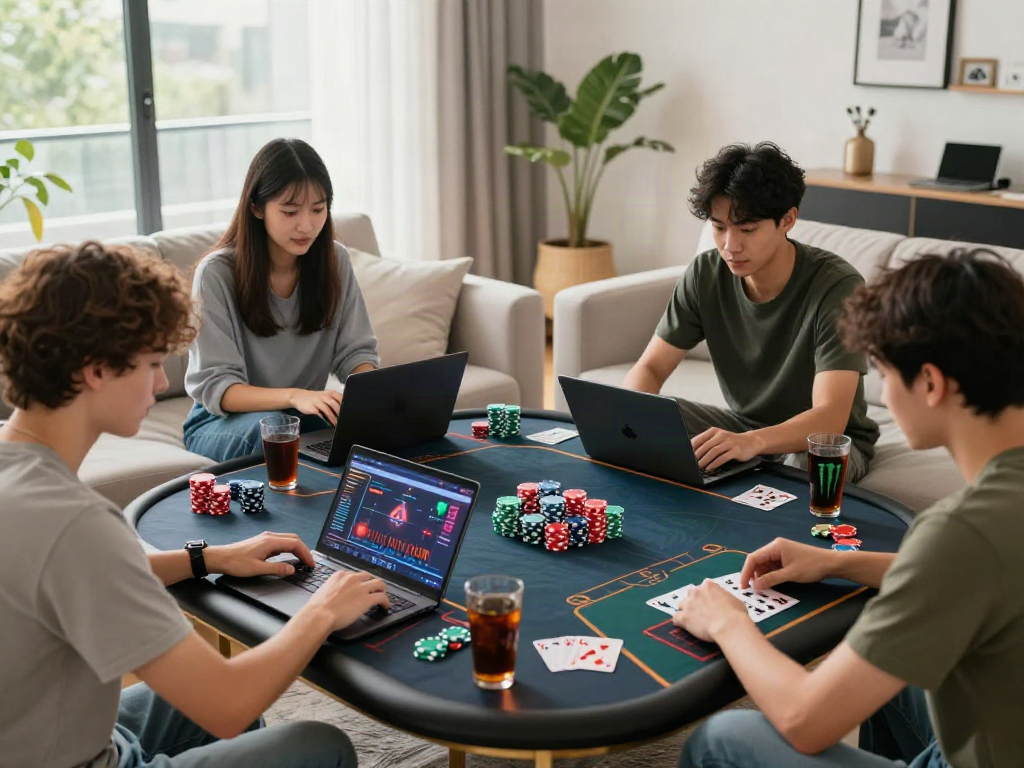 Group enjoying non gamstop uk casino games in a bright and modern living room.