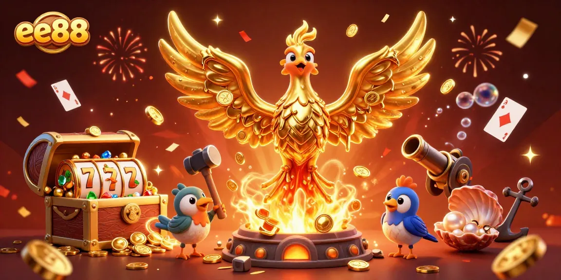 Play exciting games at ee88, featuring a golden phoenix emerging from a forge surrounded by vibrant casino elements.