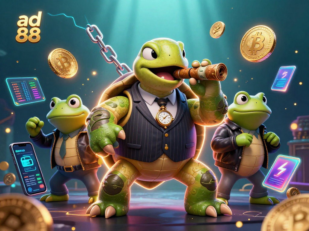 Join the excitement of ad 88 with a playful turtle and froggy enforcers in a vibrant casino scene.